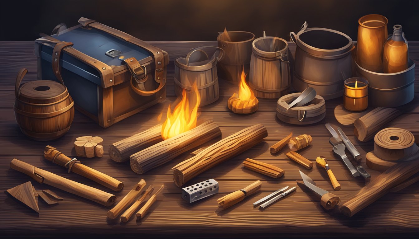 A handcrafted fire starting kit with various tools and materials laid out on a weathered wooden table, surrounded by the flickering glow of a crackling campfire