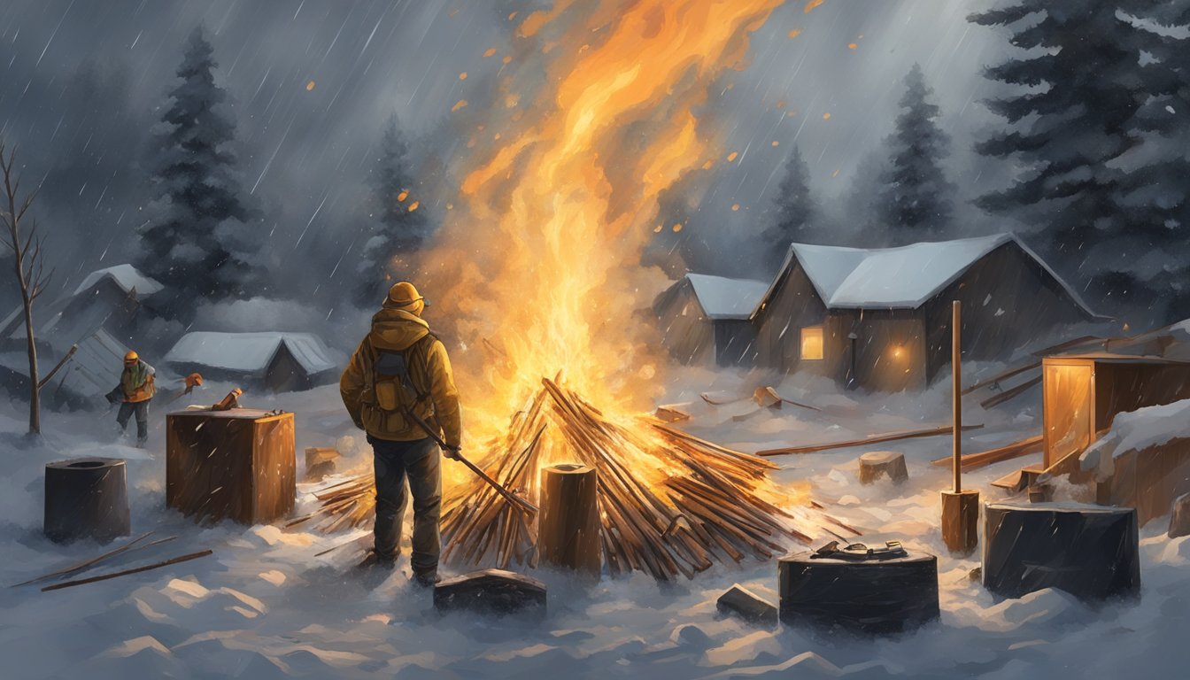 A figure surrounded by various fire starting tools and techniques, with a backdrop of different environmental conditions such as rain, wind, and snow