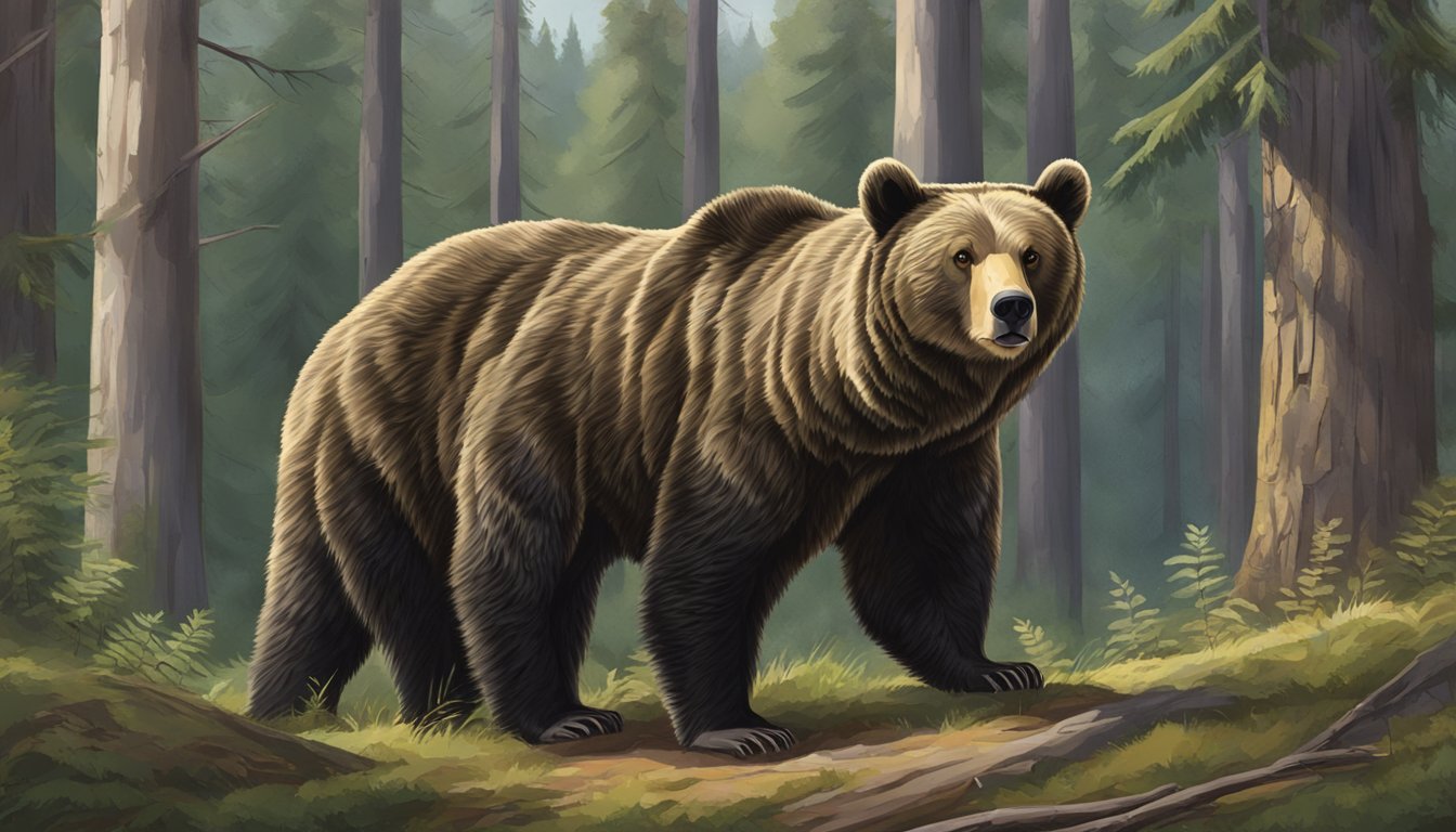 A bear standing alert in a forest clearing, ears perked and nose sniffing the air for potential predators