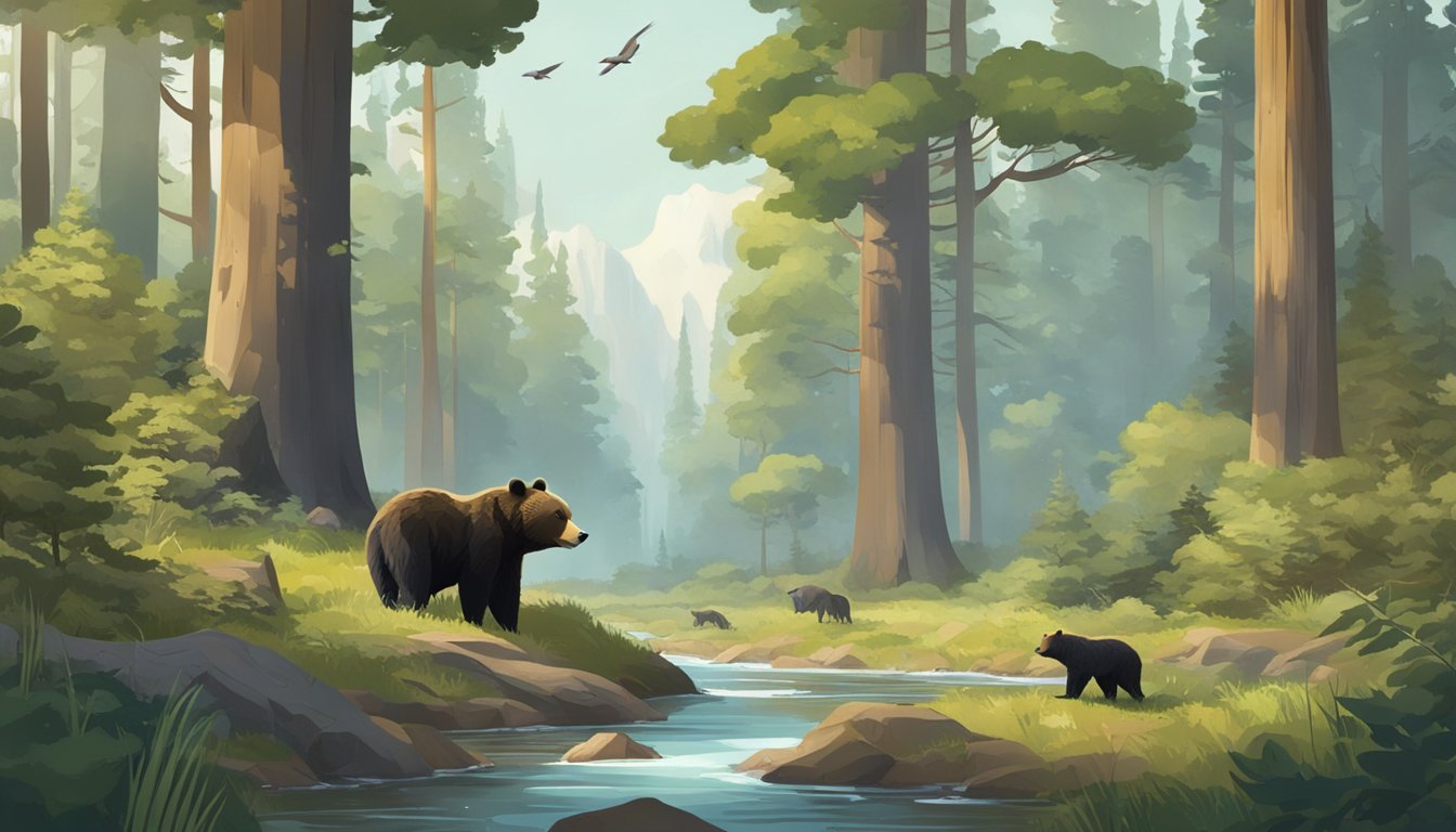 A dense forest with a clear stream, rocky terrain, and tall trees. A bear and her cubs roam in the distance, while birds and small animals scatter