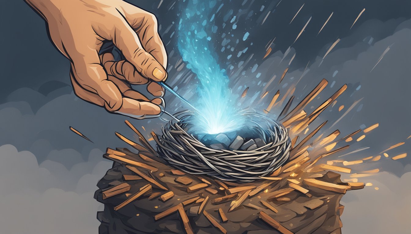 A rugged hand strikes a flint against steel, sending a shower of sparks into a nest of dry tinder, igniting a small fire