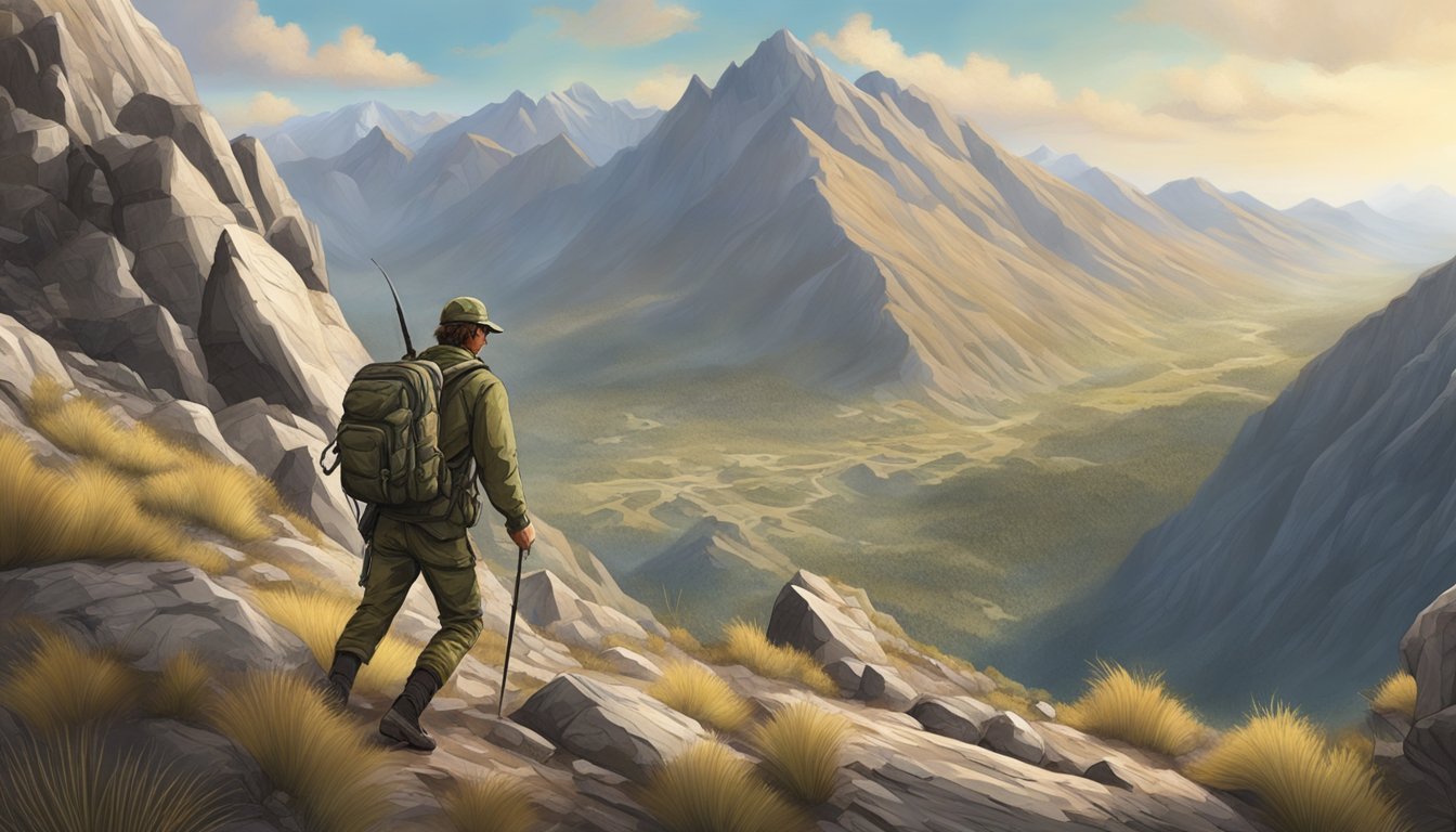 A hunter navigating steep, rocky terrain at high altitude, surrounded by rugged mountains and sparse vegetation