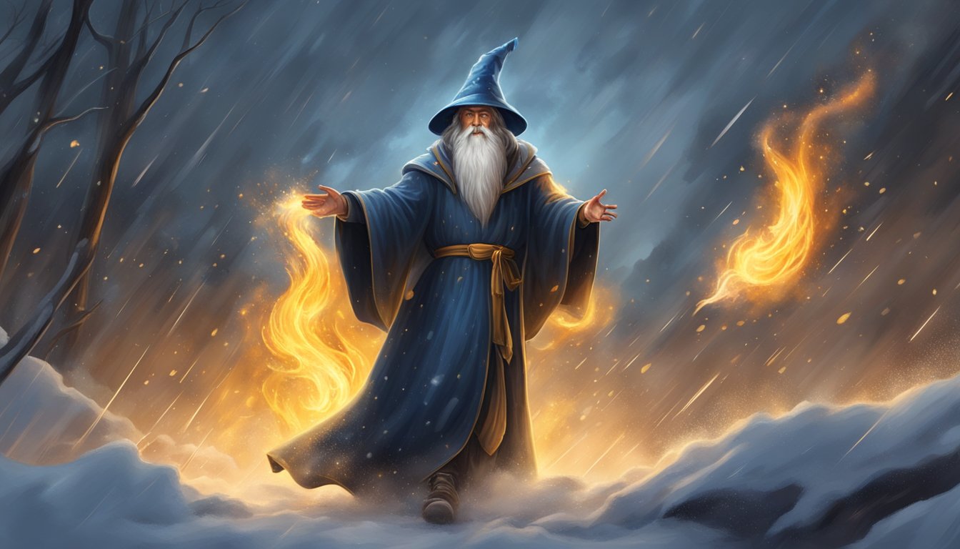 A wizard conjures fire in various environments: rain, snow, wind, and darkness