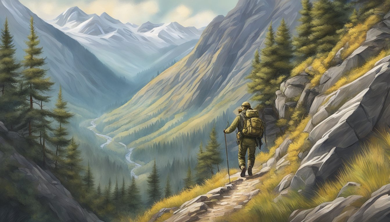 A hunter navigating a steep mountain pass, adjusting to the high altitude while adhering to ethical hunting practices and safety precautions