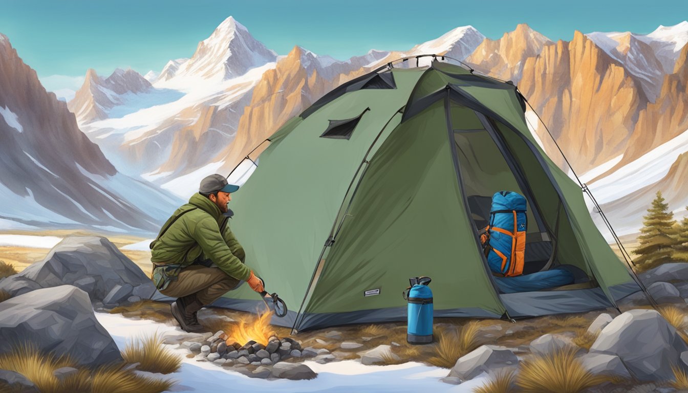 A hunter adjusting gear at a high mountain campsite, surrounded by rocky terrain and snow-capped peaks