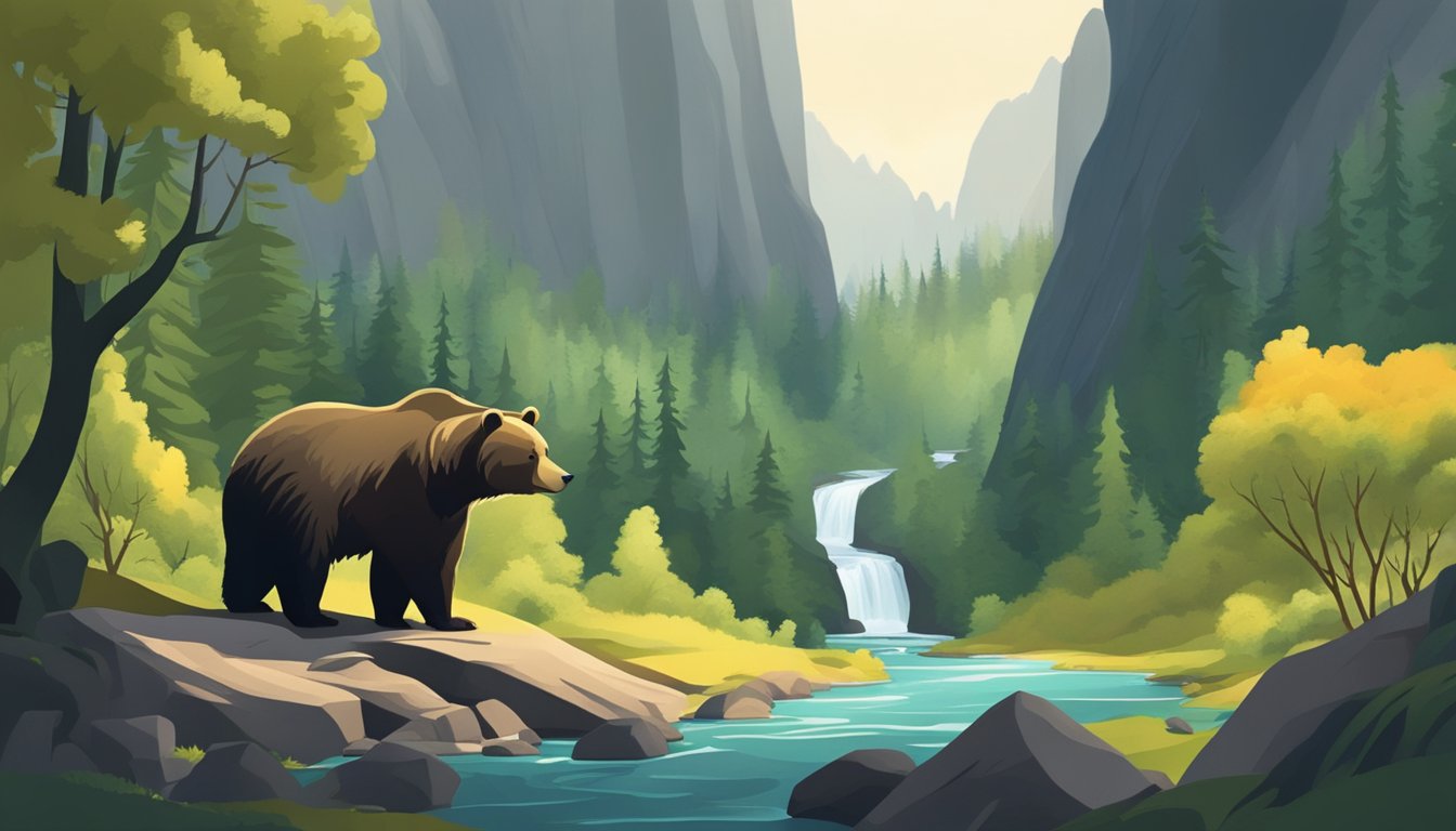 A dense forest with a winding river, tall trees, and a bear standing alert near a cave entrance