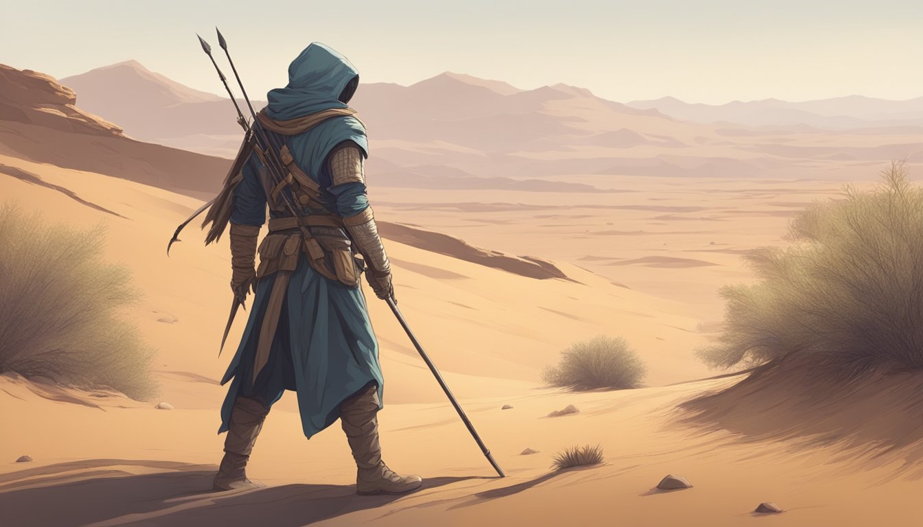 A lone figure stalking prey in a barren desert landscape, armed with a makeshift spear and scanning the horizon for potential game