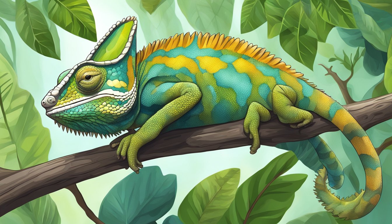 A chameleon perched on a branch, its skin matching the colors and textures of the surrounding leaves and bark