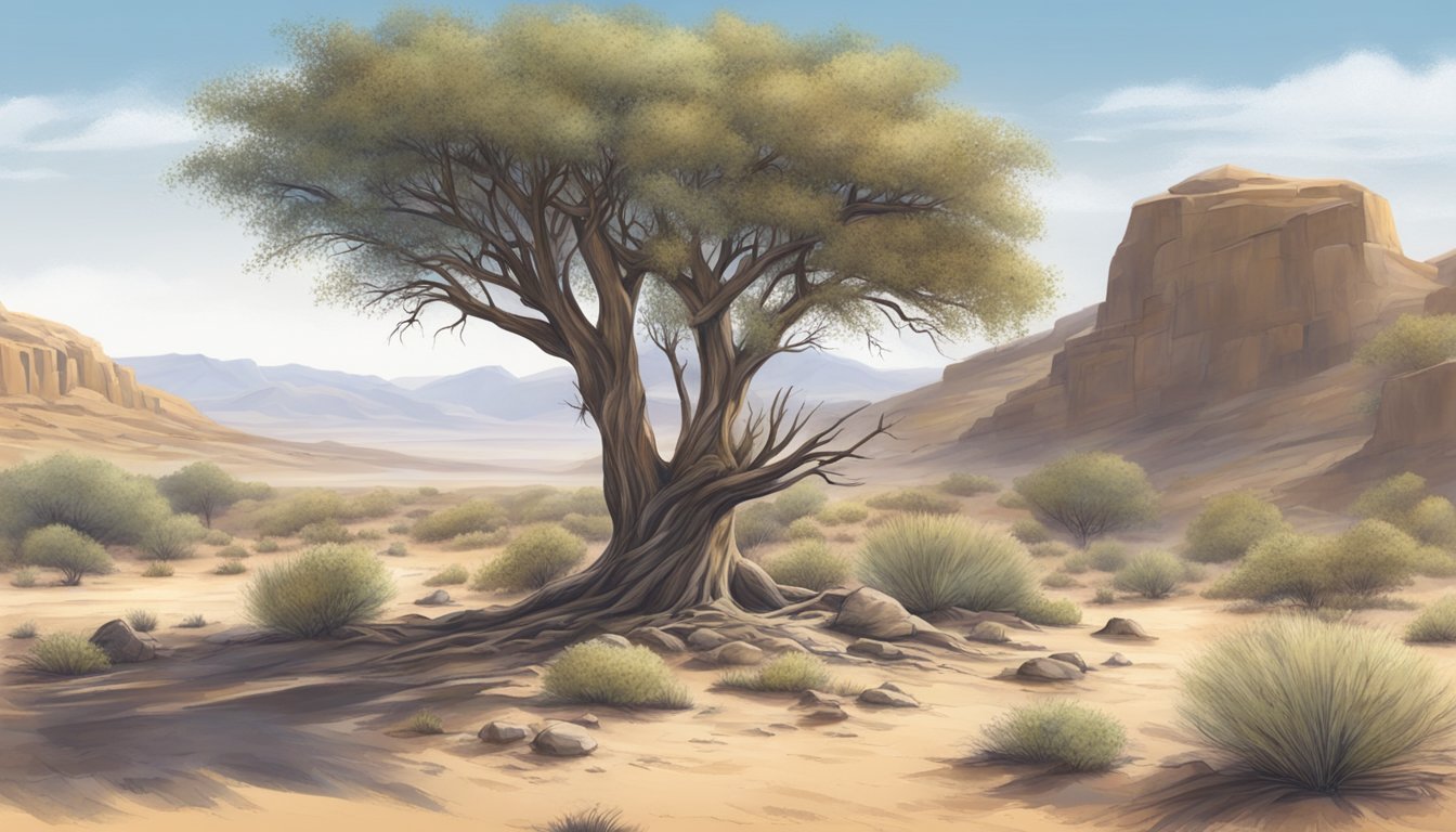 A lone desert tree provides shade and shelter for a makeshift hunting blind, surrounded by sparse vegetation and rocky terrain