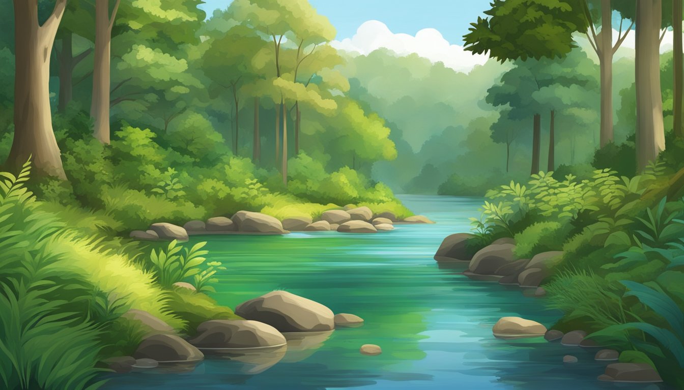 A serene river flows through a lush forest, with a variety of plant life and wildlife present. The water moves gently, creating ripples and small waves as it meanders through the landscape