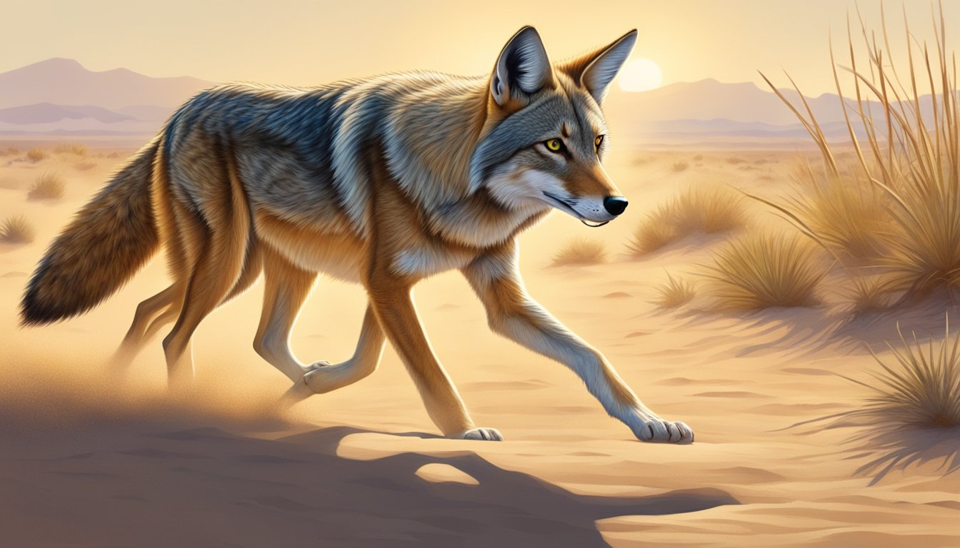 A lone coyote stalks through the sandy desert, eyes fixed on a small lizard scurrying across the hot ground. The sun beats down as the predator silently closes in for the kill