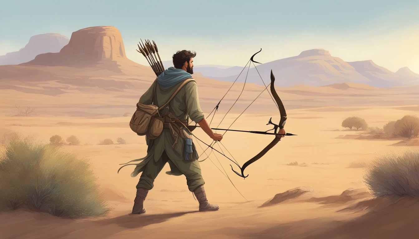 A lone figure uses a makeshift bow to hunt a desert animal, while using hand signals to communicate with a partner in the distance