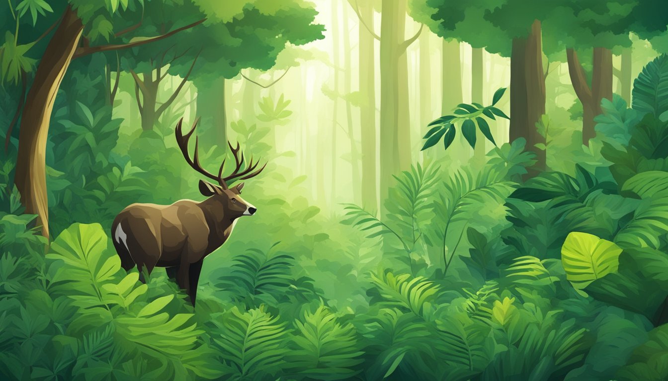 A lush forest with a variety of green foliage and trees, with a hidden animal blending seamlessly into the environment