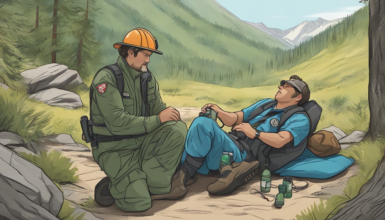 A wilderness first responder assessing and treating a patient in a remote outdoor setting