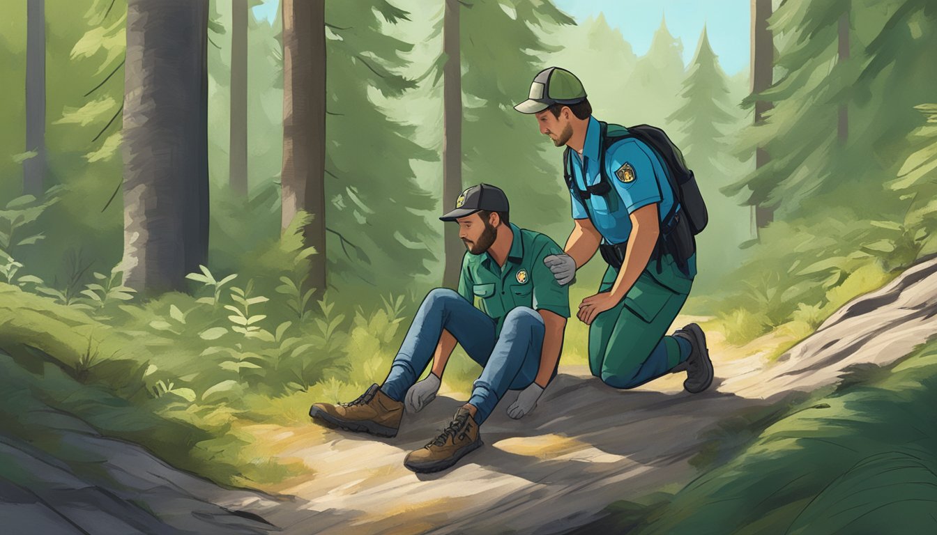 A wilderness first responder assessing a patient with a sprained ankle in a forest clearing