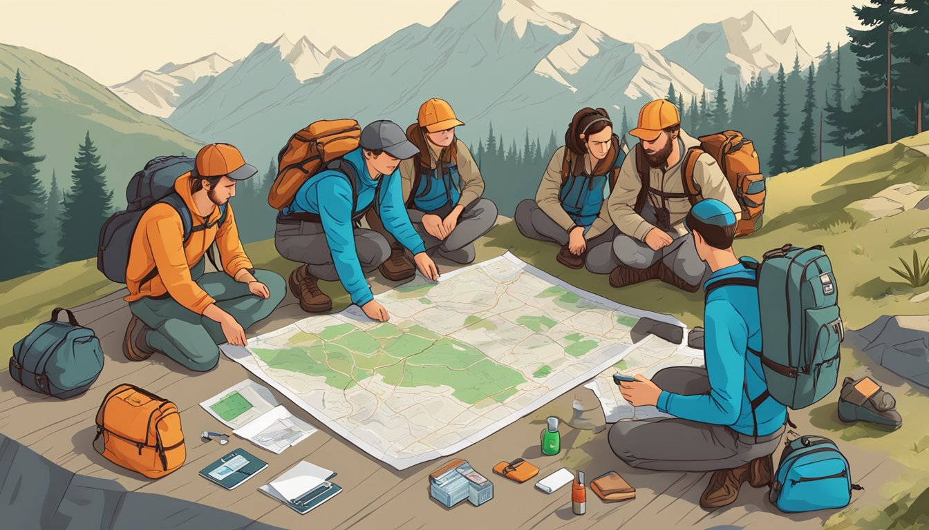 A group of hikers and backpackers gather around a map, discussing routes and safety protocols. First aid kits and emergency supplies are laid out on a table