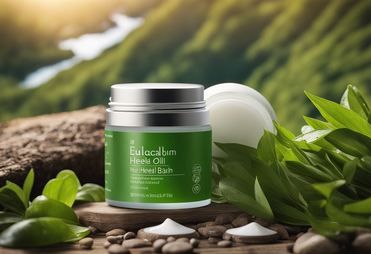 A tube of Eulactol heel balm surrounded by soothing ingredients like tea tree oil and vitamin E, with a background of lush New Zealand landscapes