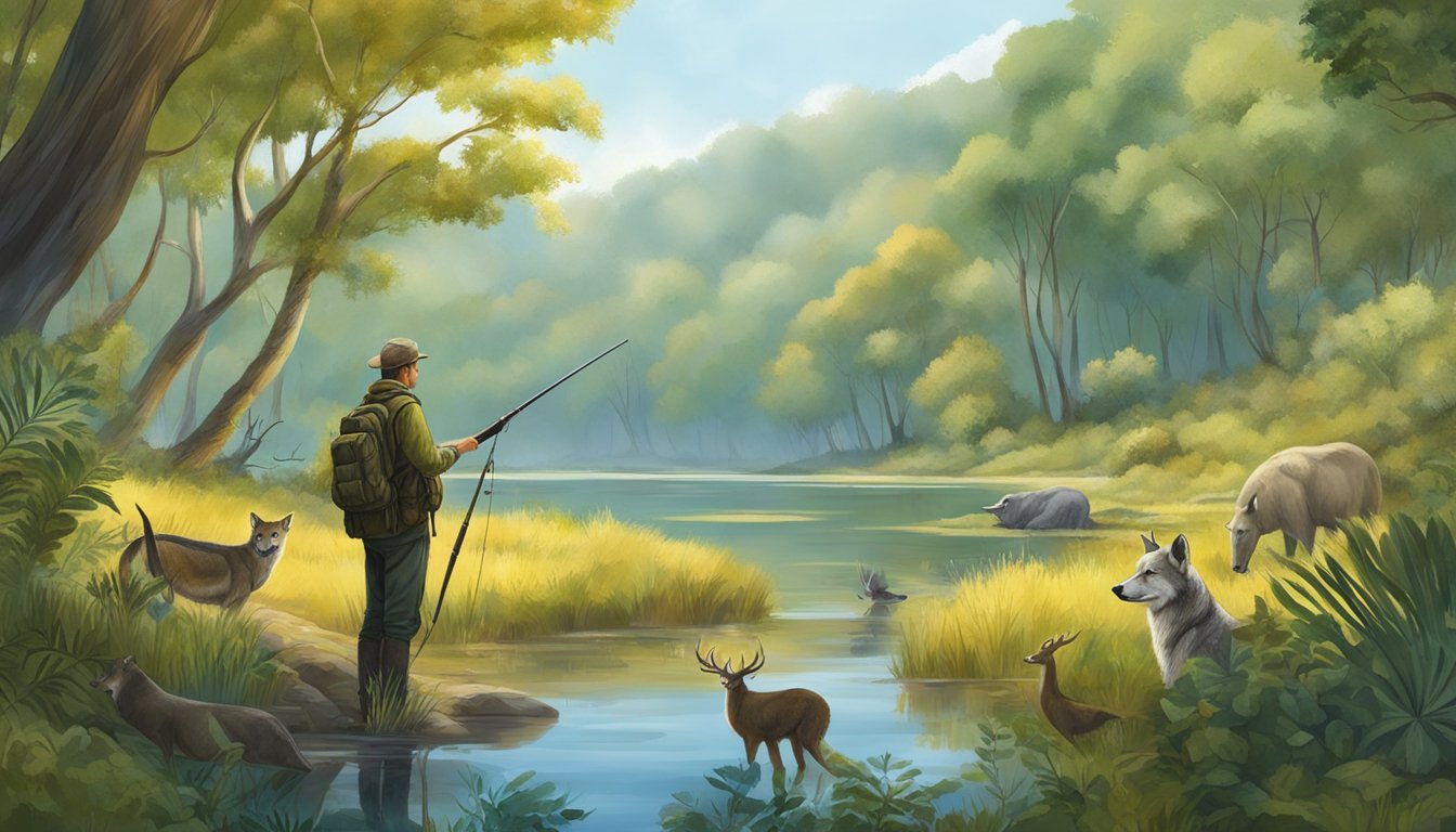 A hunter observes a diverse ecosystem, with various wildlife species coexisting in a balanced and healthy environment