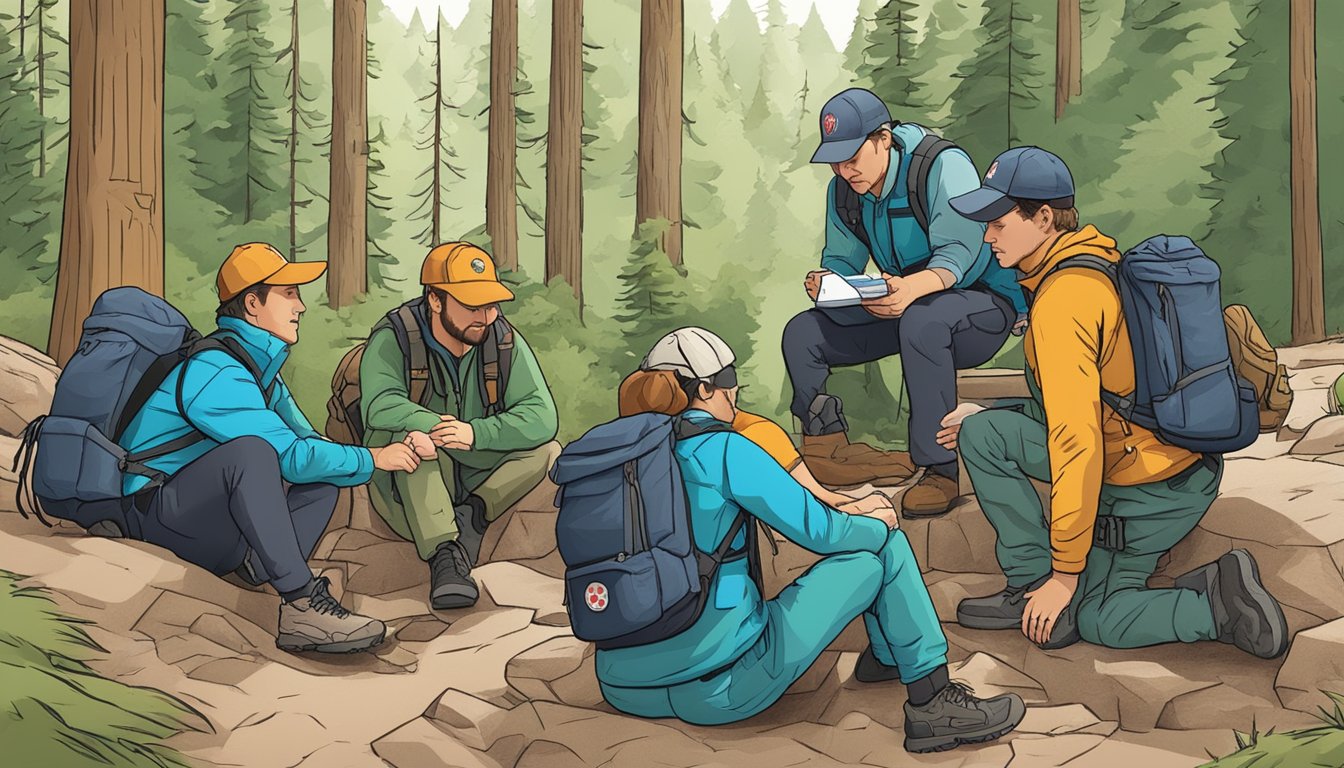 A group of hikers attending a wilderness first responder training, practicing advanced first aid techniques in a remote outdoor setting