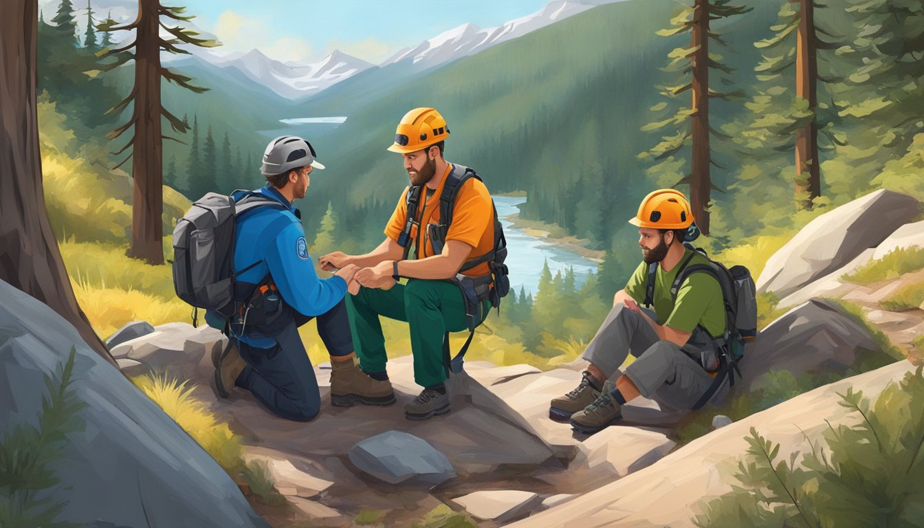 A wilderness first responder treating a hiker's broken leg in a mountainous landscape, surrounded by trees and wildlife