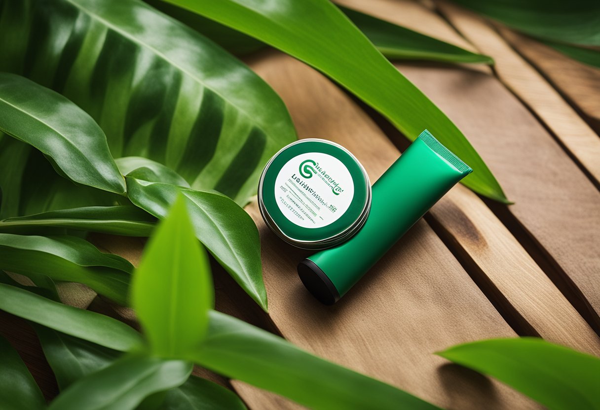 A tube of eulactol heel balm sits on a wooden surface, surrounded by a lush green leaf and a small pebble