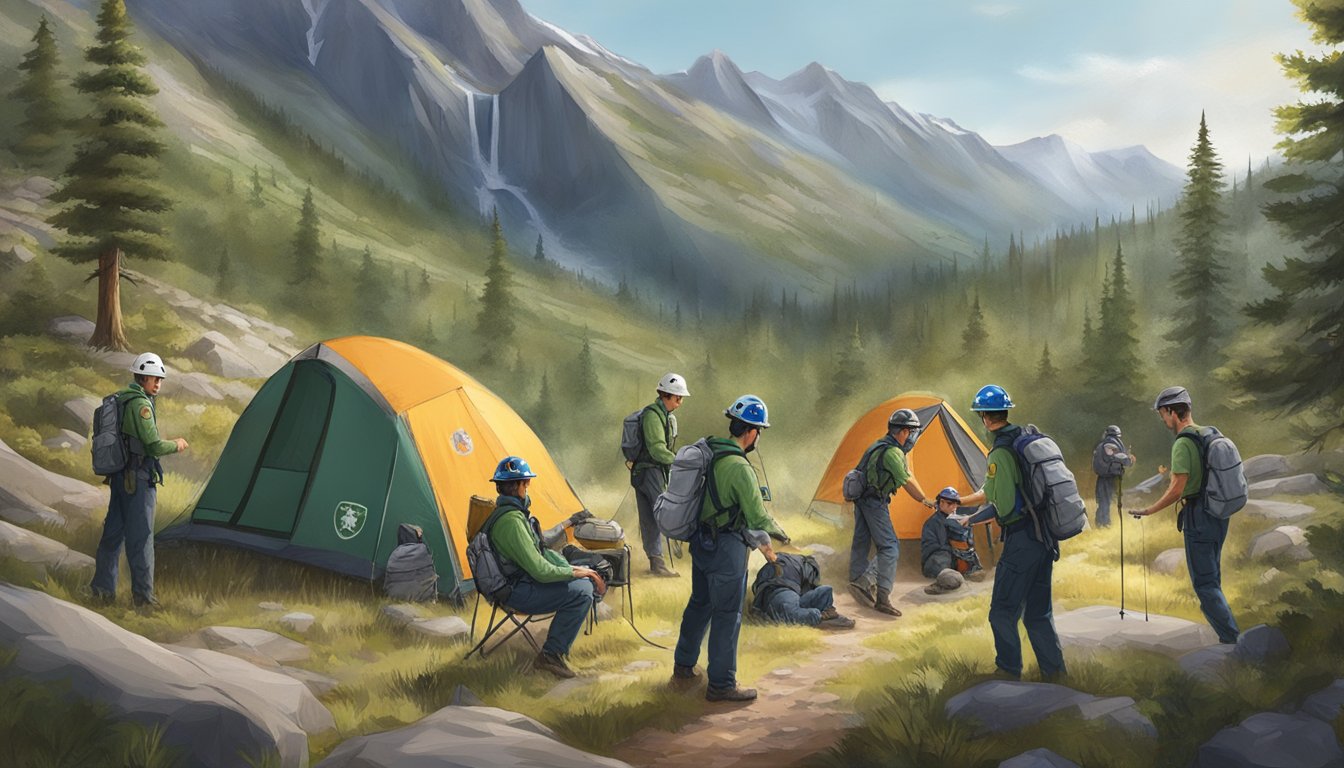 A group of wilderness first responders practice advanced medical techniques in a remote outdoor setting, surrounded by rugged terrain and natural elements