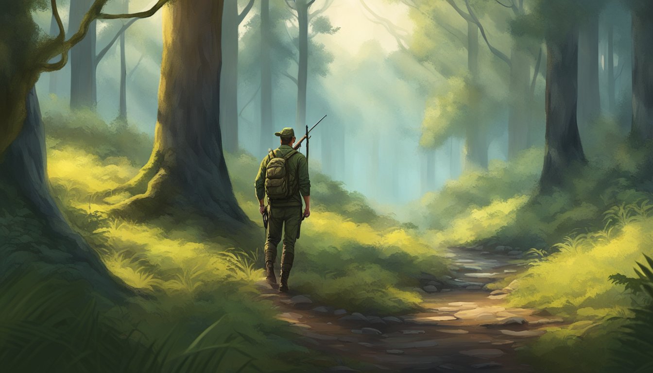 A lone hunter silently tracking through a dense forest, bow in hand, surrounded by wildlife and lush greenery