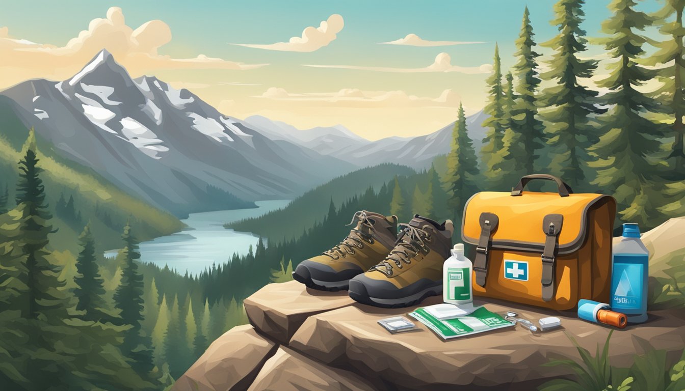 A wilderness scene with a first aid kit, hiking gear, and a rugged landscape in the background