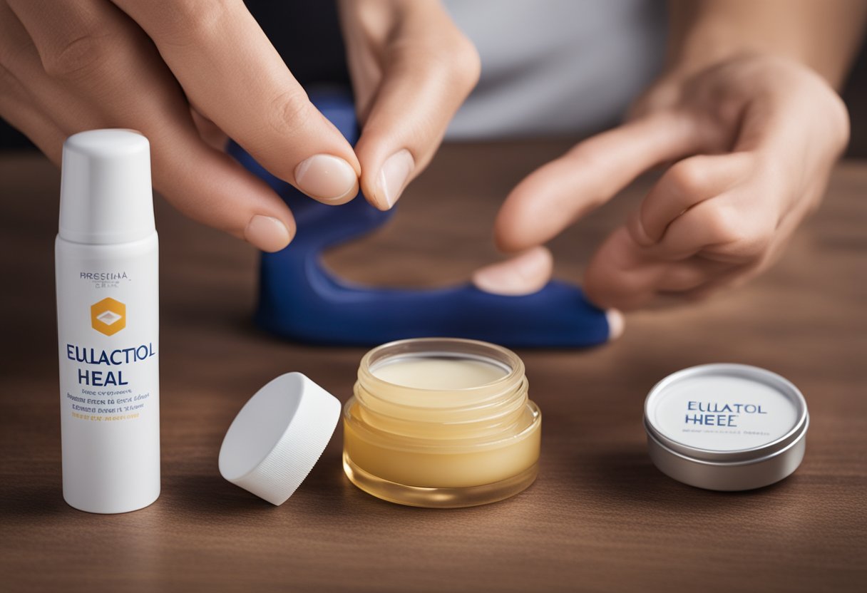 A person applying Eulactol heel balm to their dry, cracked heels, with the product and packaging displayed nearby