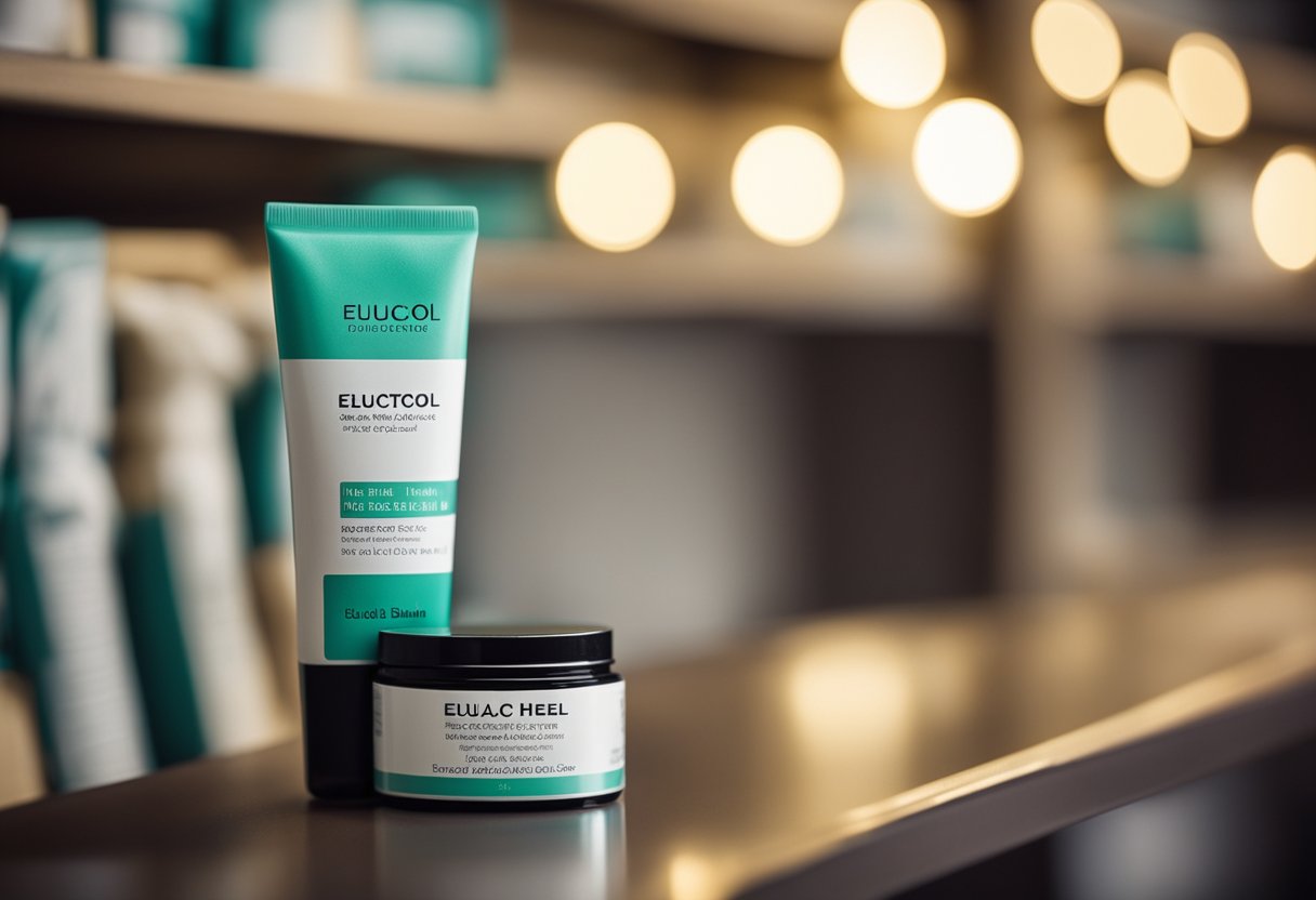 A tube of eulactol heel balm sits on a shelf, surrounded by soft, moisturized heels and a pair of sandals