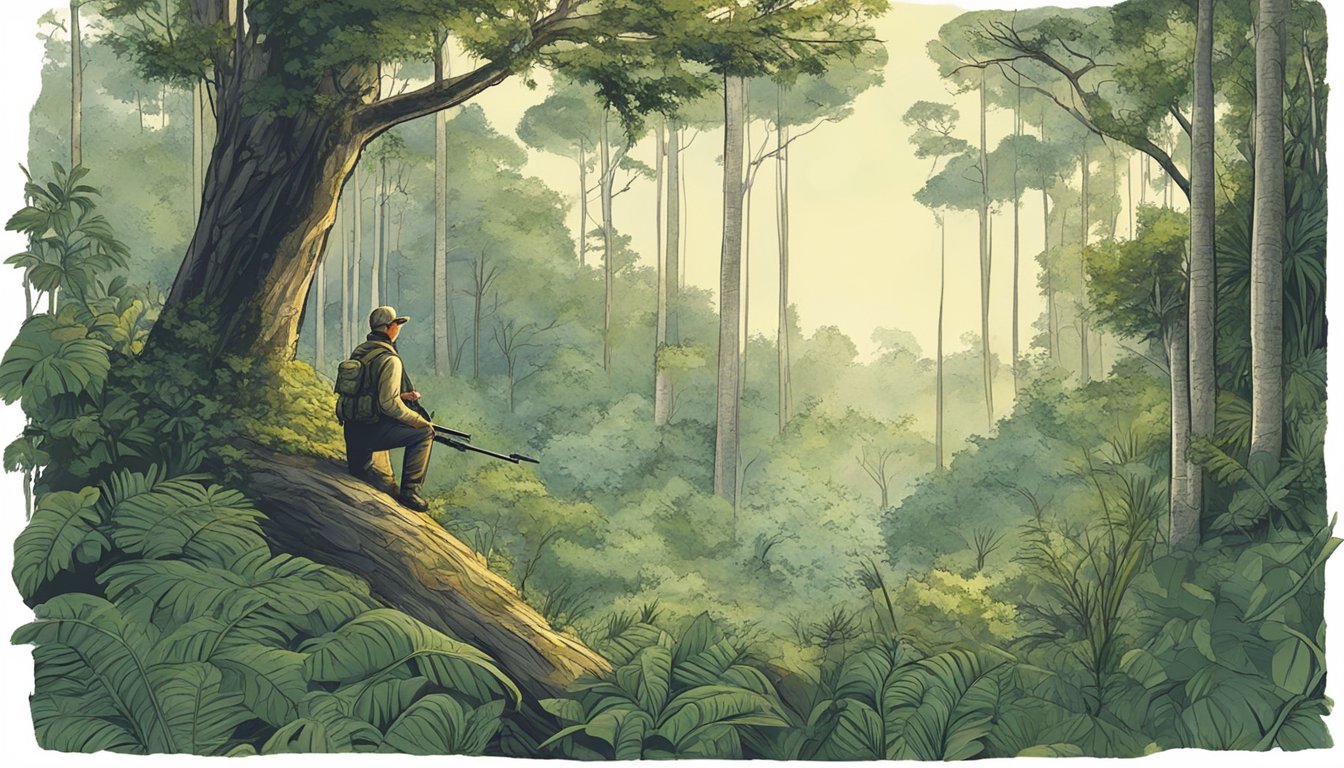 A hunter quietly observing wildlife in a lush forest, with a focus on the balance between conservation and tradition