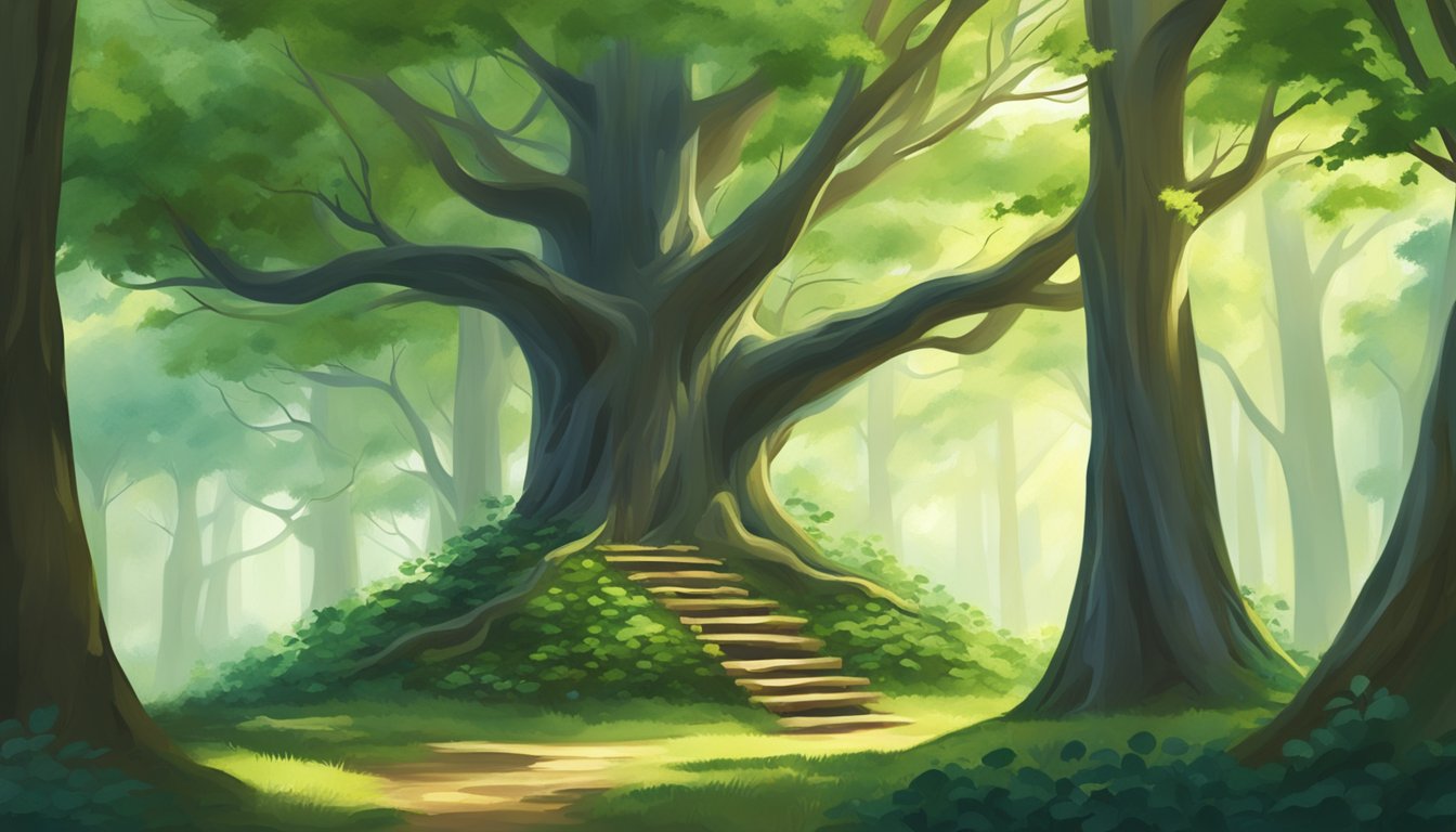 A serene forest with a sturdy tree stand nestled high in the branches, surrounded by lush green foliage and dappled sunlight