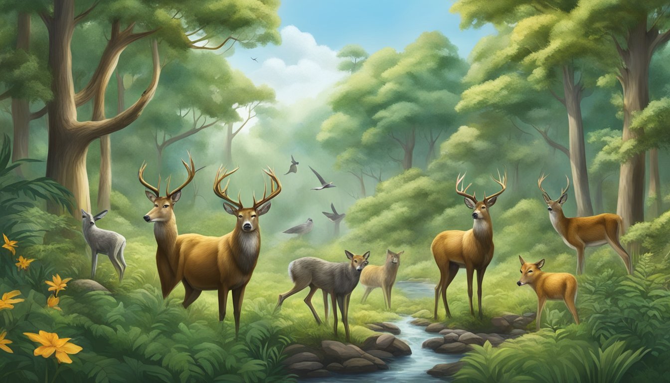 A lush forest with diverse wildlife, including deer, wolves, and birds, thriving in a balanced ecosystem