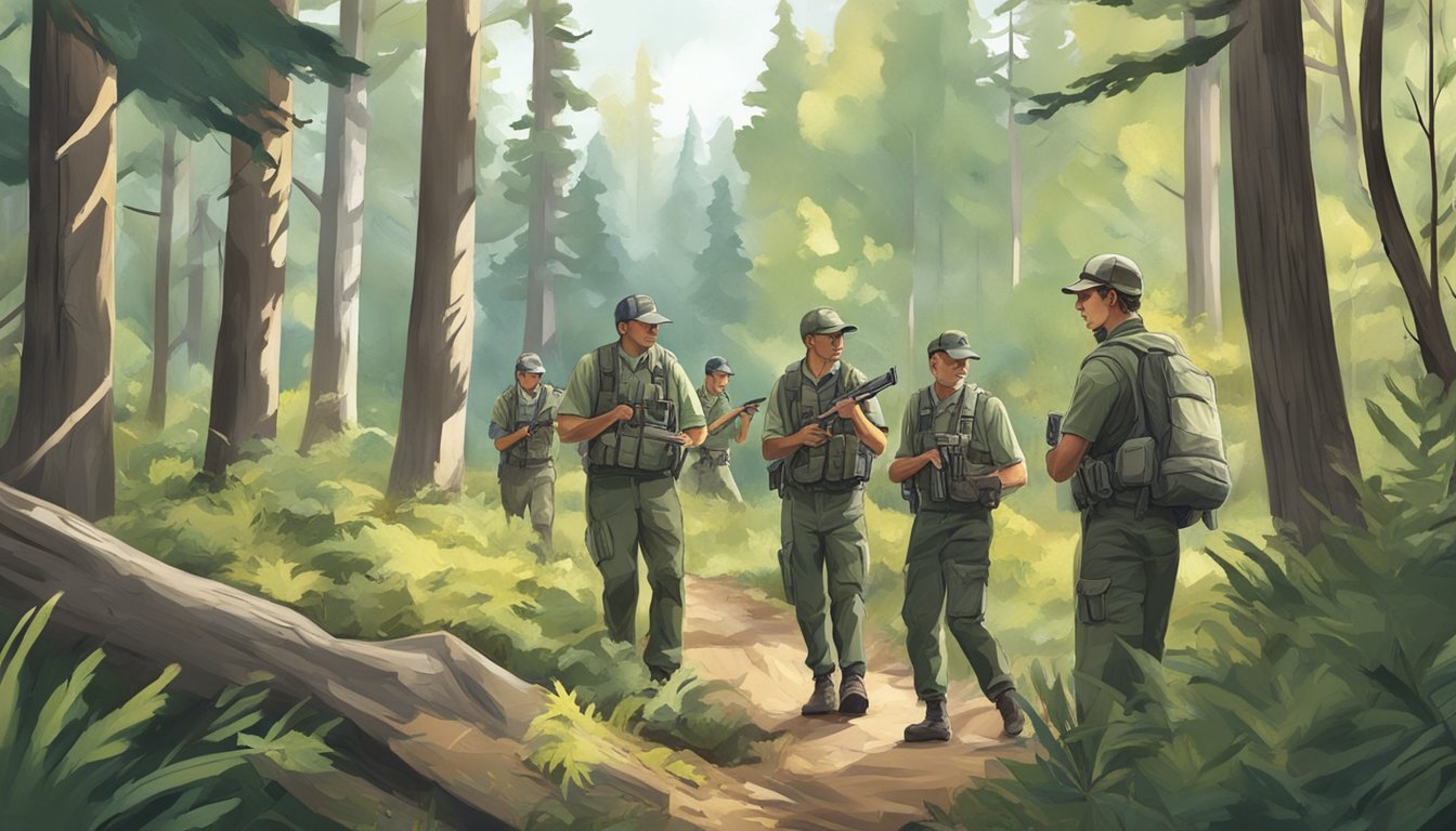 A group of wildlife management officers conducting a controlled hunt in a forested area, with a focus on conserving and managing wildlife populations