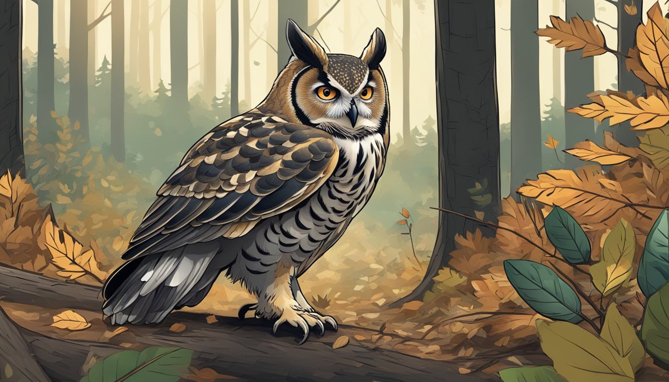 A hunter's ear cupped in the forest, listening for animal sounds. Twigs and leaves scattered on the ground, with a distant owl hooting in the background