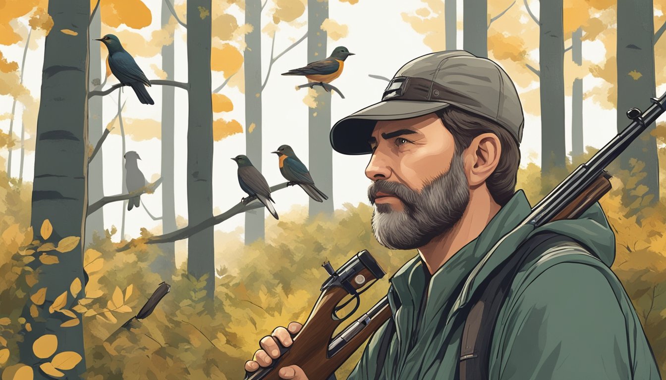 A hunter in a forest, ears perked, listening to various animal sounds: birds chirping, leaves rustling, and distant howls