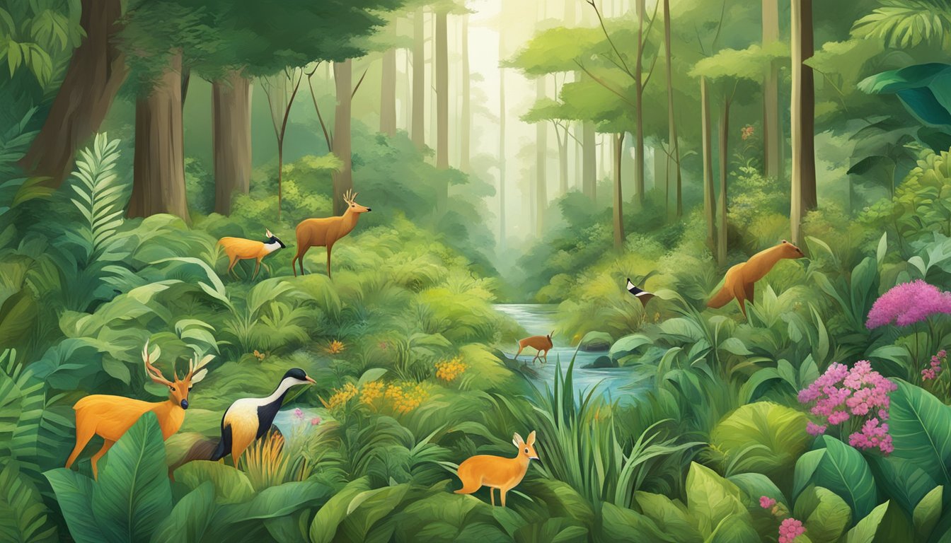 A lush forest with diverse plant life and a variety of wildlife thriving in a balanced ecosystem, showcasing the concept of sustainable harvests beyond the bag limit