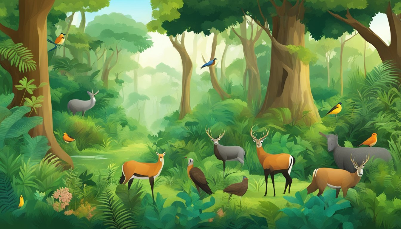 A lush forest with diverse plant and animal life, including mature trees, and a variety of wildlife such as birds, mammals, and insects