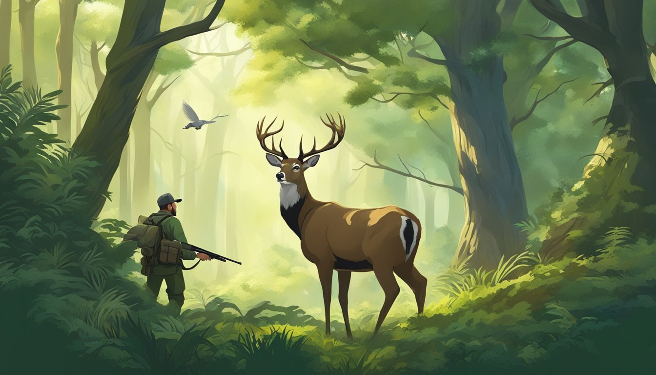 A lush forest with diverse wildlife, a hunter respectfully taking aim at a single deer, while smaller animals forage and birds flit through the trees