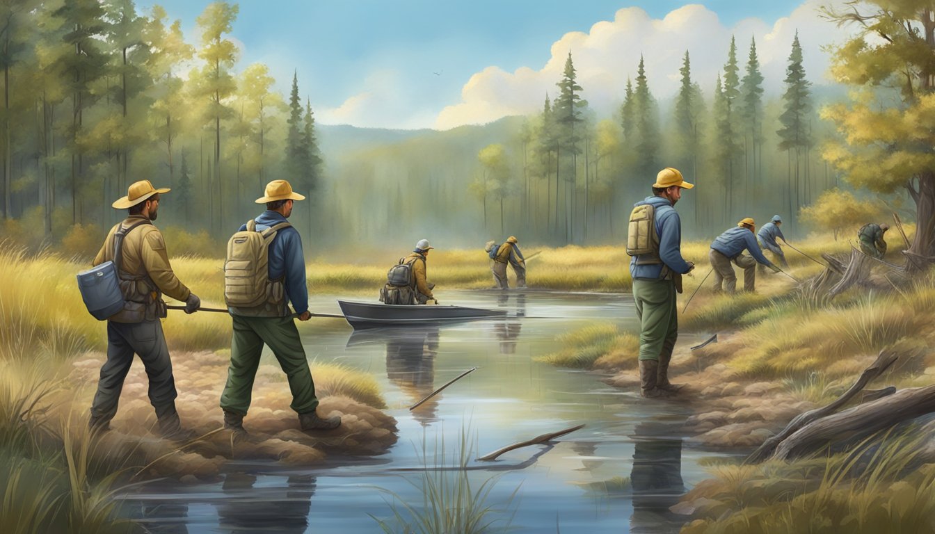 A group of hunters work alongside fish and wildlife agencies to restore habitat, planting trees and clearing debris in a scenic natural landscape