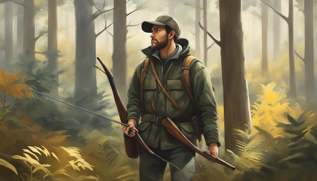 A hunter respectfully stalks through a forest, blending into the natural surroundings, bow at the ready. The focus is on the harmony between the hunter and the environment