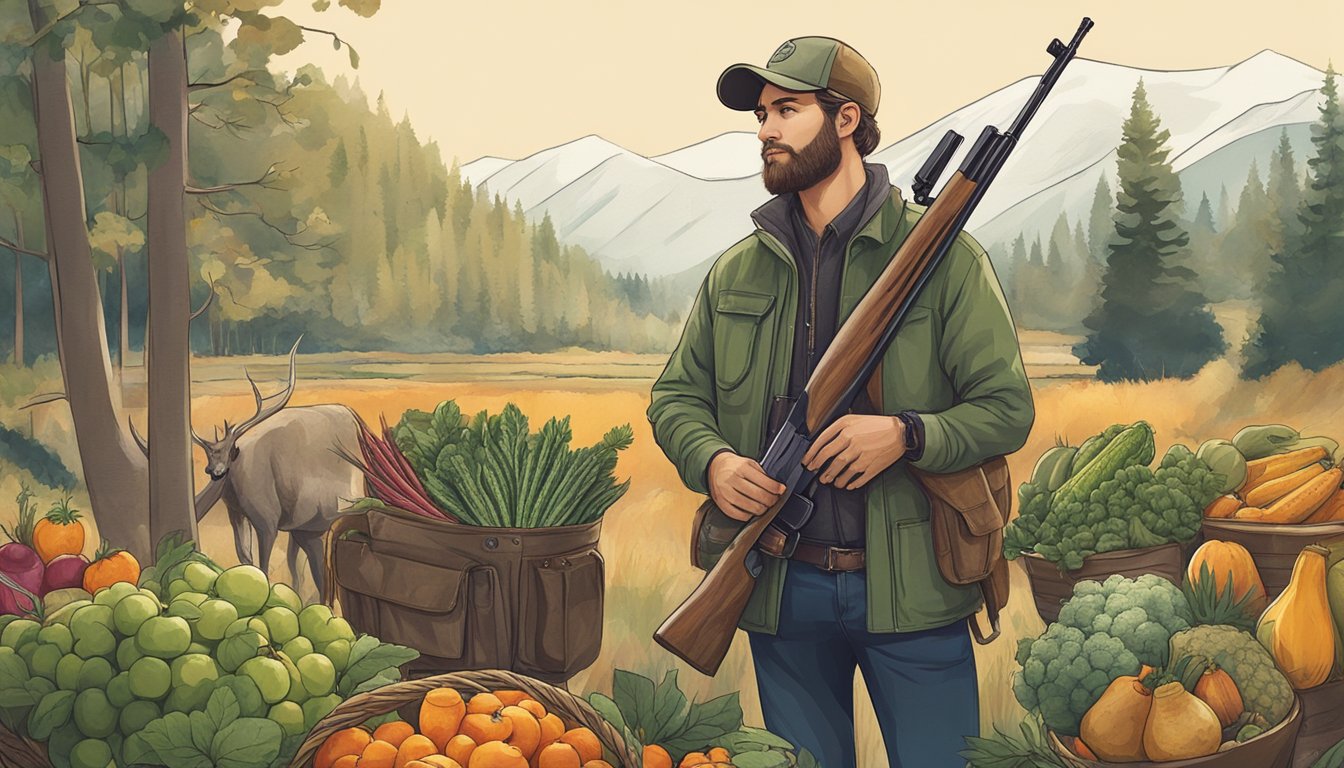 A hunter in modern clothing holding a rifle, surrounded by locally sourced produce and wild game in a sustainable, eco-friendly setting