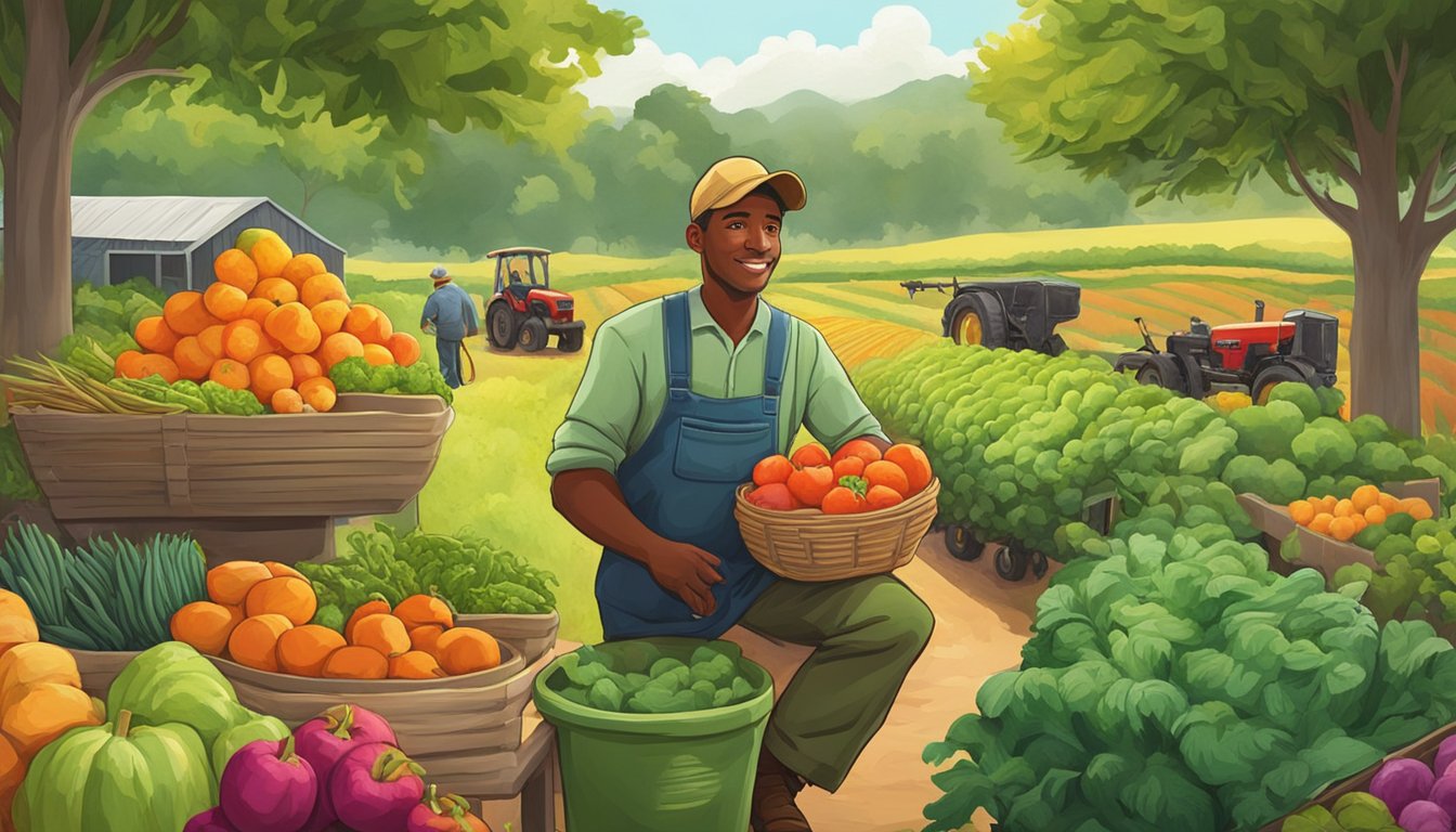 A hunter gathers fresh produce from a local farm, surrounded by lush greenery and vibrant crops. The scene exudes a sense of sustainability and conscientious eating