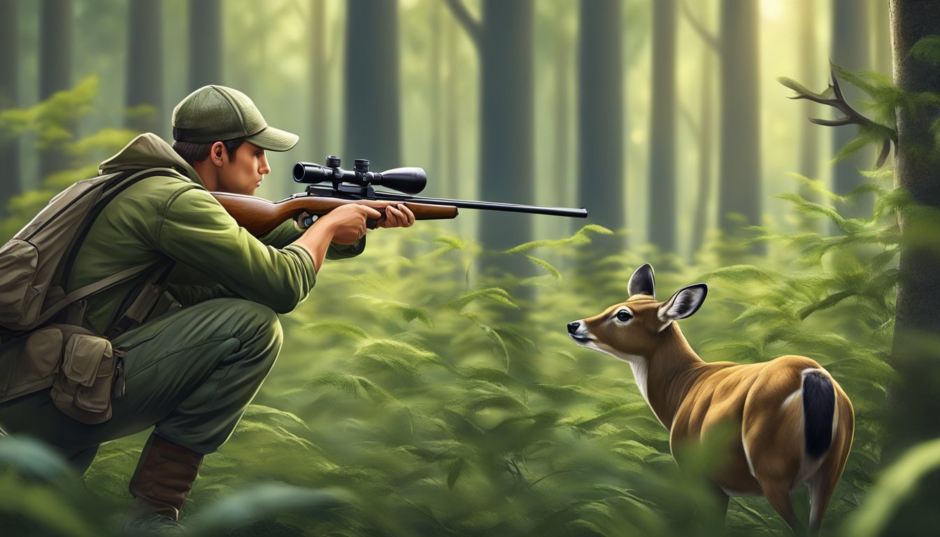 A hunter carefully aims at a deer in a lush forest, with a focus on the precision and skill required for ethical hunting