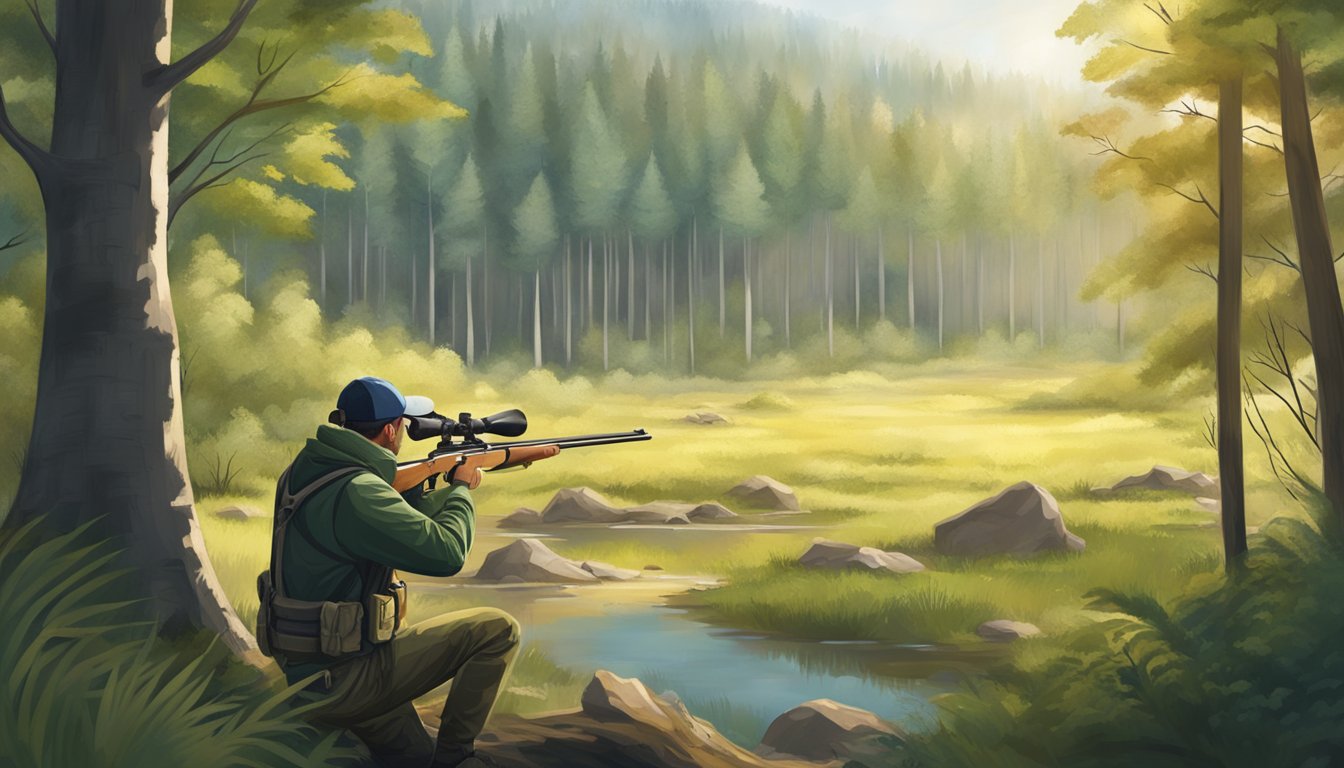 A hunter aiming a rifle at a distant target in a forest clearing, with a focus on precision and ethical shooting techniques