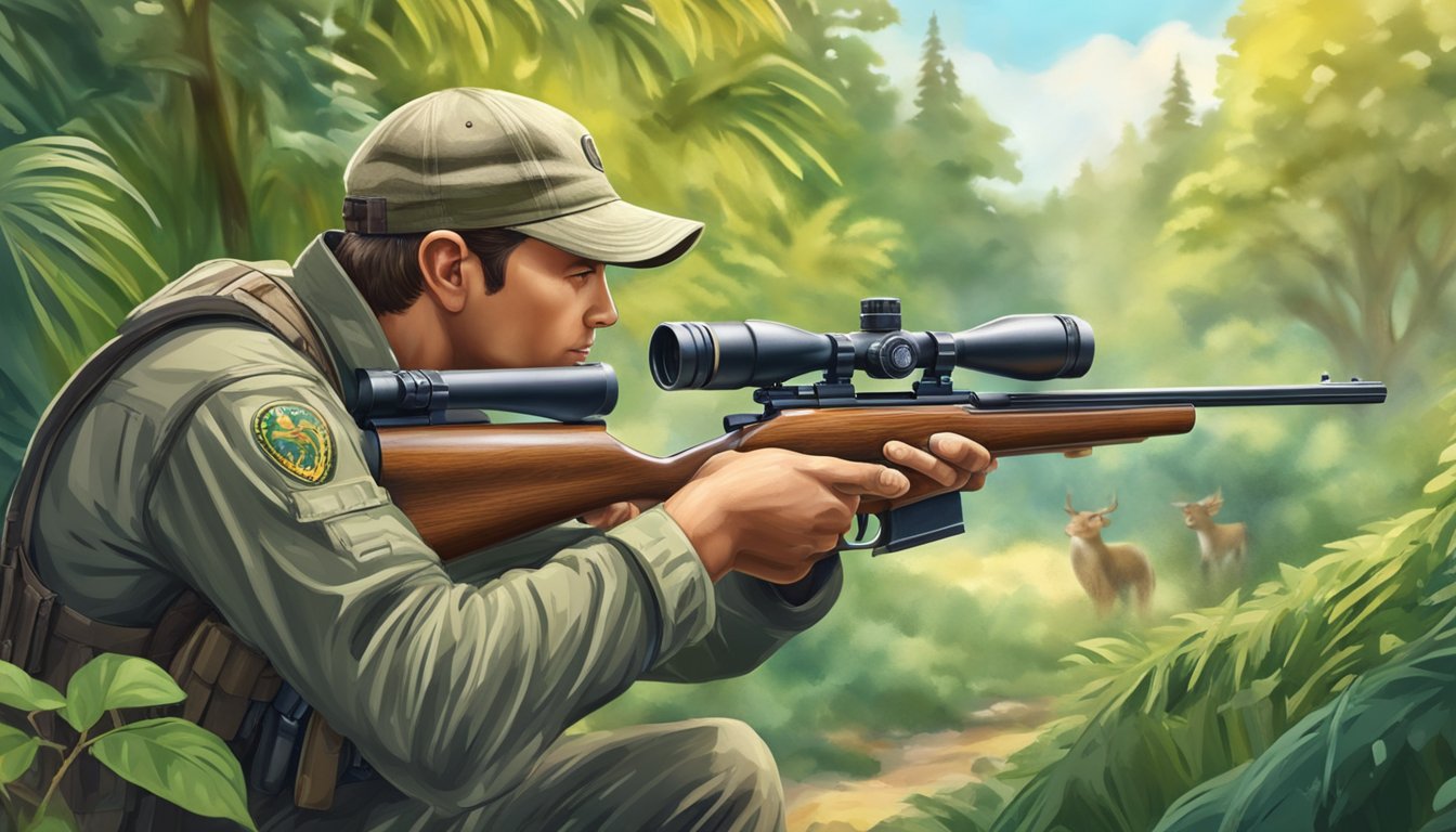 A skilled marksman takes aim at a target in a natural setting, surrounded by wildlife and lush vegetation. The focus is on precision and conservation