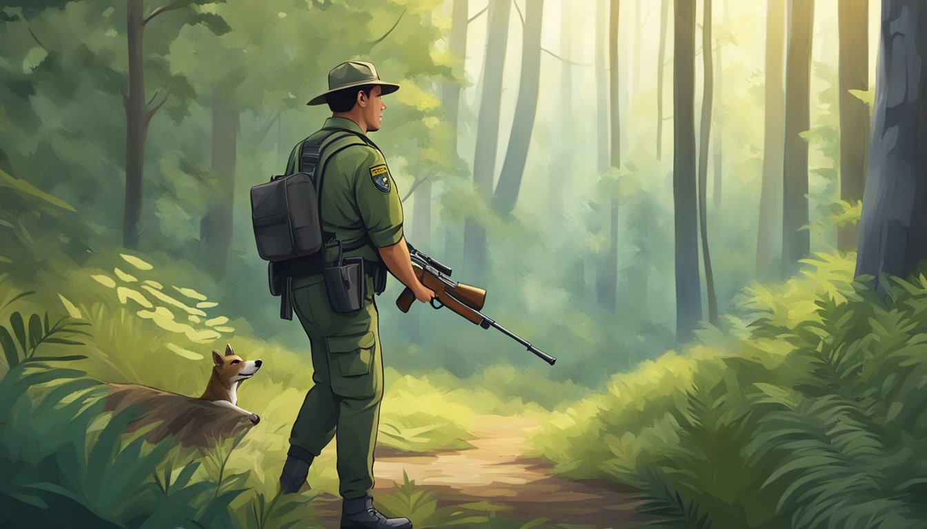 A game warden patrolling a dense forest, observing wildlife and monitoring for illegal activities