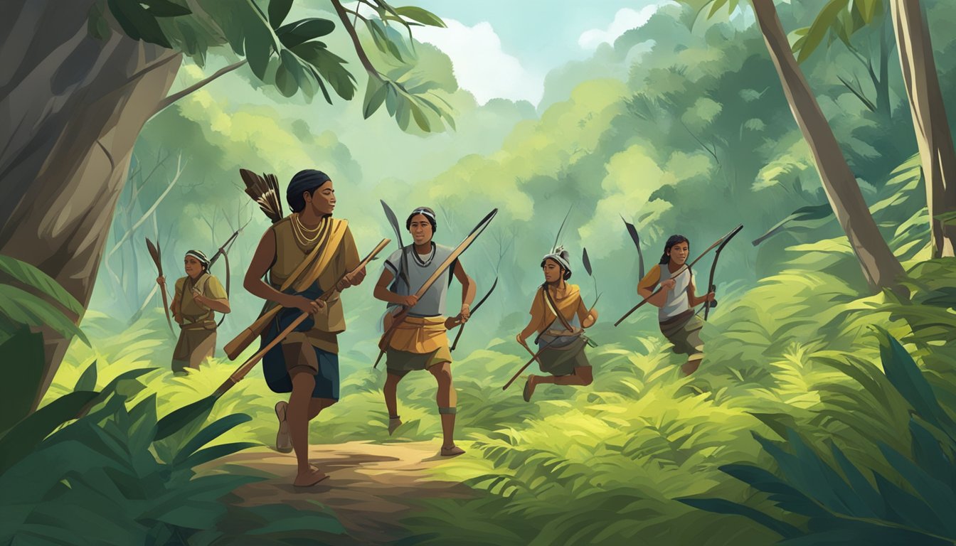 A group of Indigenous people hunting in a lush forest, using traditional methods and respecting conservation principles