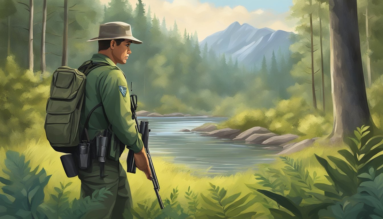 A game warden patrols a serene forest, enforcing hunting regulations and protecting wildlife