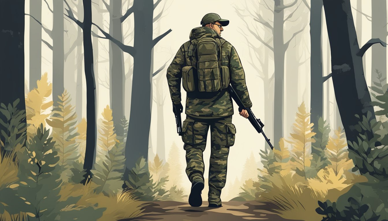 A hunter walking through a forest, carrying a rifle and wearing camouflage gear. Animal footprints and trees in the background